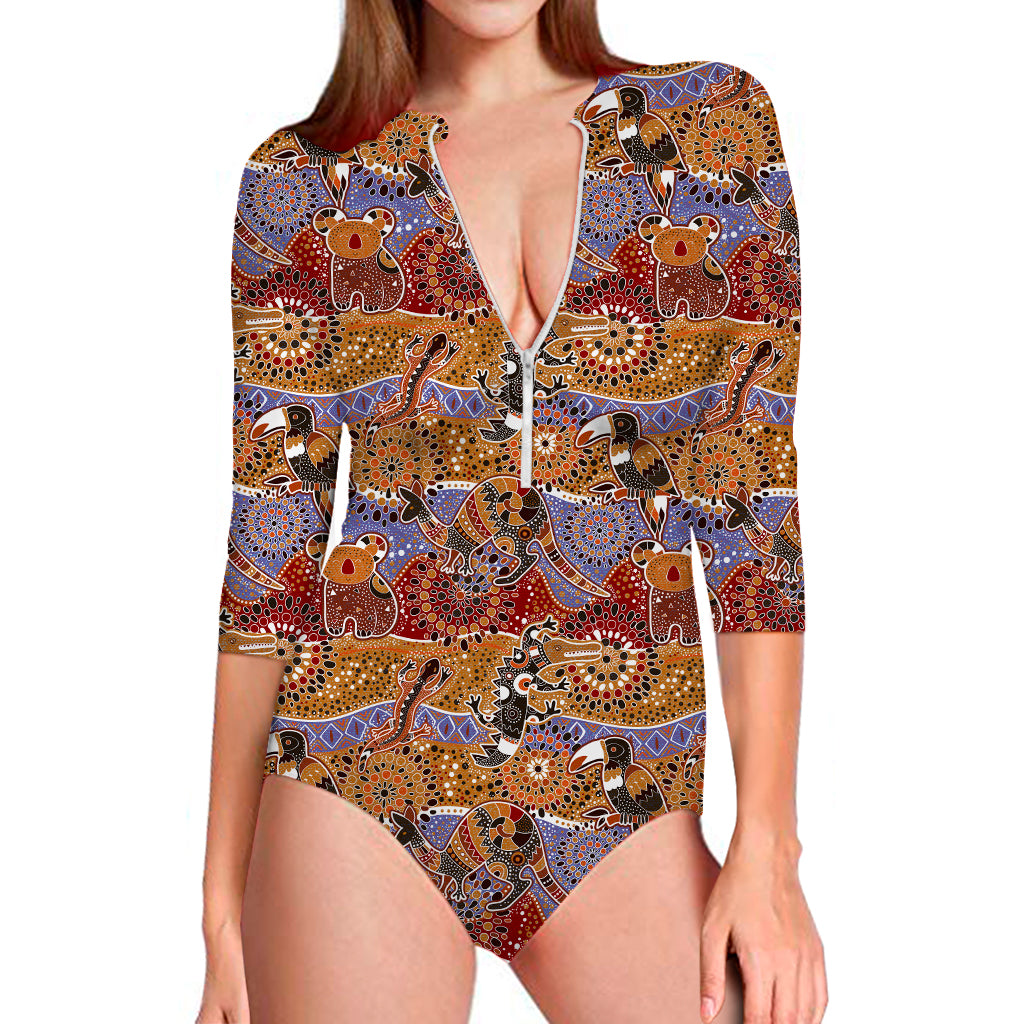 Australian Animals Pattern Print Long Sleeve Swimsuit