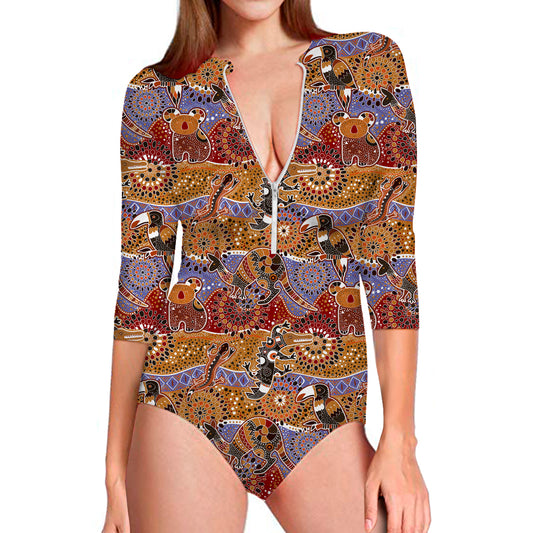 Australian Animals Pattern Print Long Sleeve Swimsuit