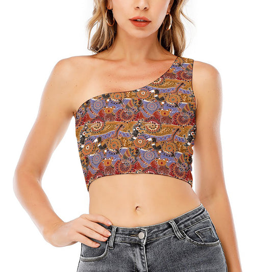 Australian Animals Pattern Print One Shoulder Crop Top