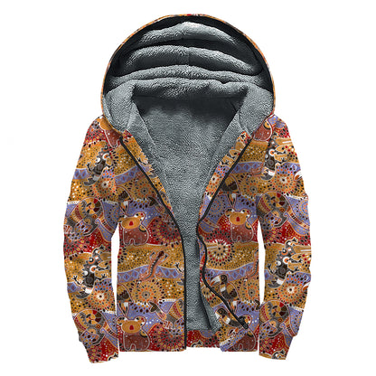 Australian Animals Pattern Print Sherpa Lined Zip Up Hoodie