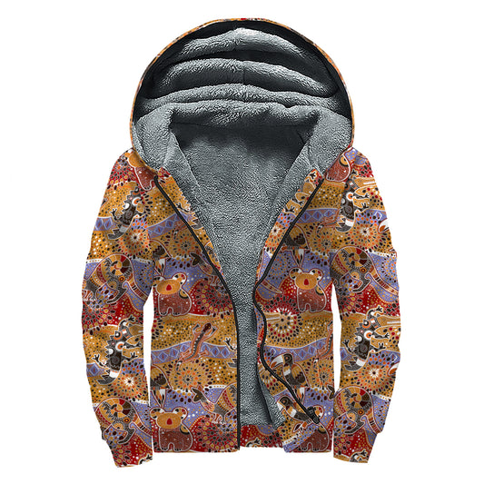 Australian Animals Pattern Print Sherpa Lined Zip Up Hoodie