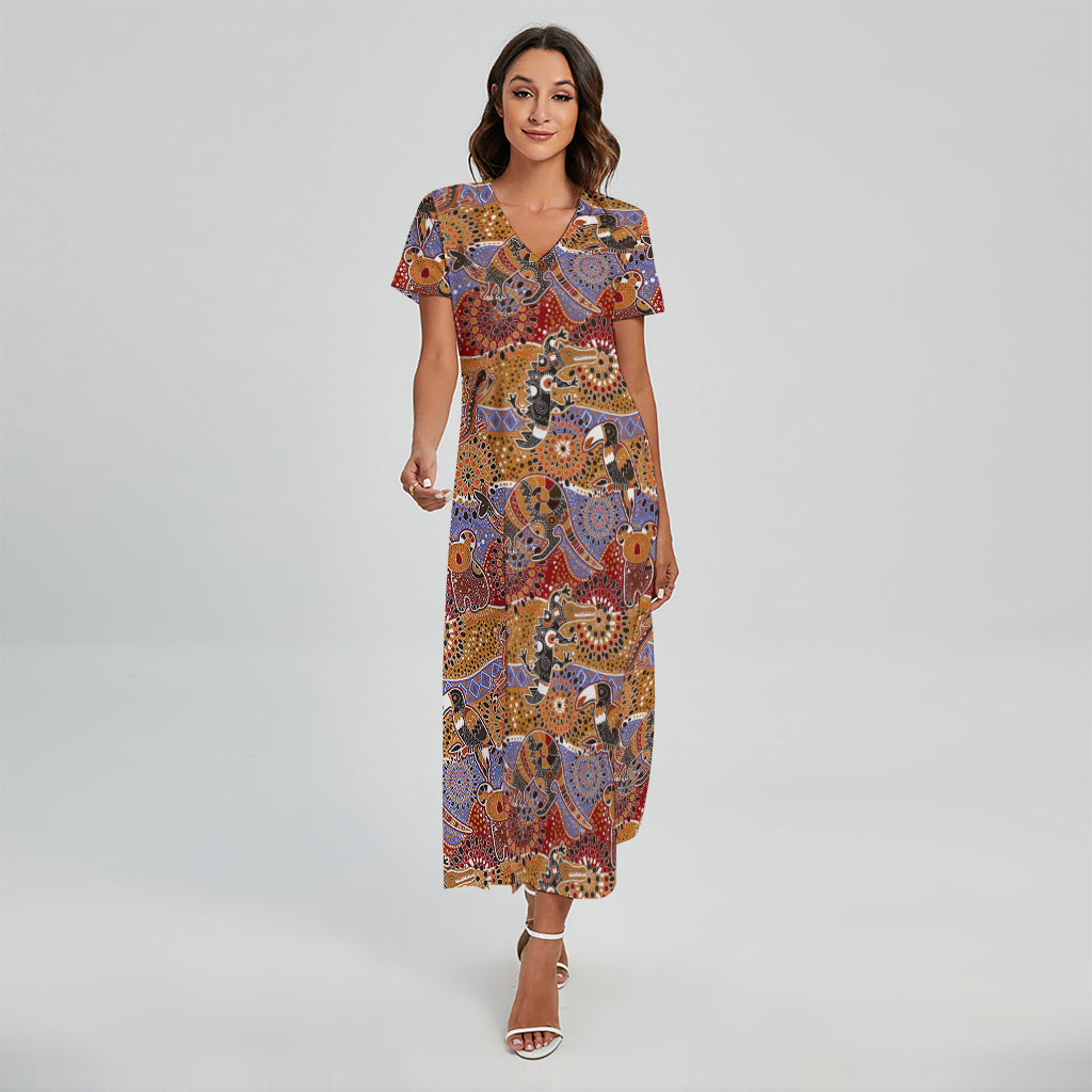 Australian Animals Pattern Print Short Sleeve Maxi Dress