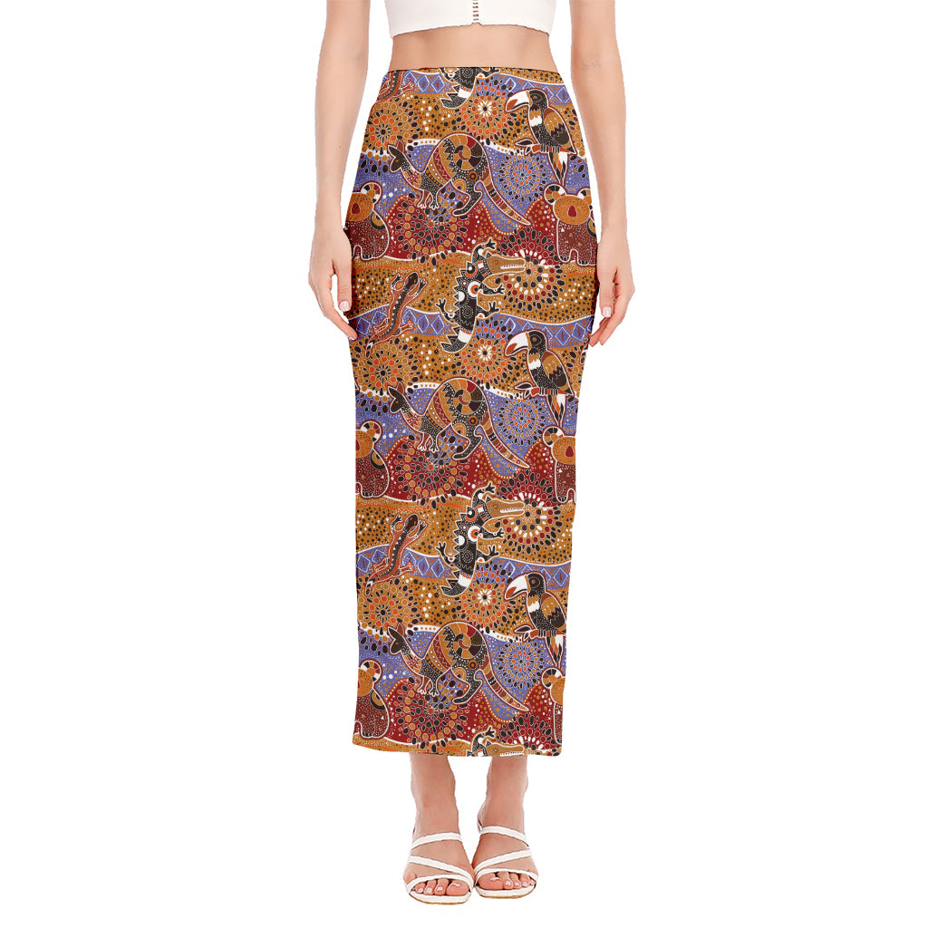Australian Animals Pattern Print Side Slit Maxi Skirt