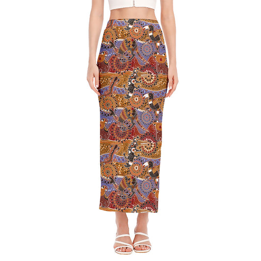 Australian Animals Pattern Print Side Slit Maxi Skirt