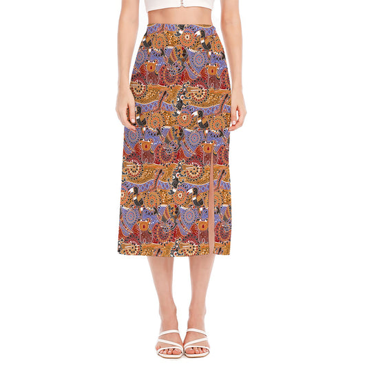 Australian Animals Pattern Print Side Slit Midi Skirt