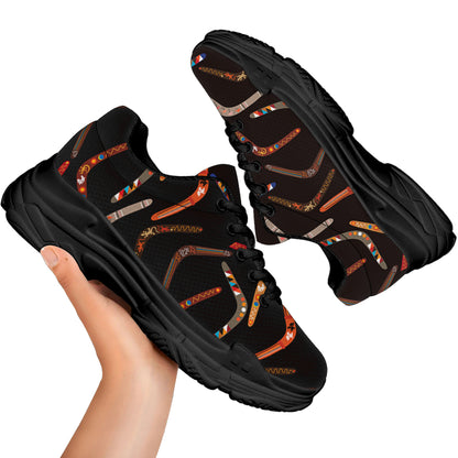 Australian Boomerang Pattern Print Black Chunky Shoes