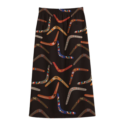 Australian Boomerang Pattern Print Cotton Front Slit Maxi Skirt