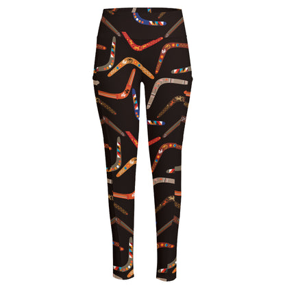 Australian Boomerang Pattern Print High-Waisted Pocket Leggings