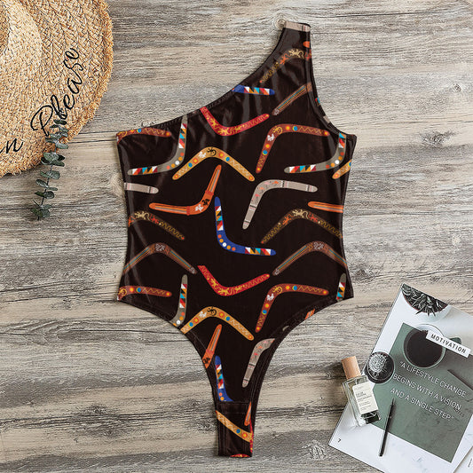 Australian Boomerang Pattern Print One Shoulder Bodysuit