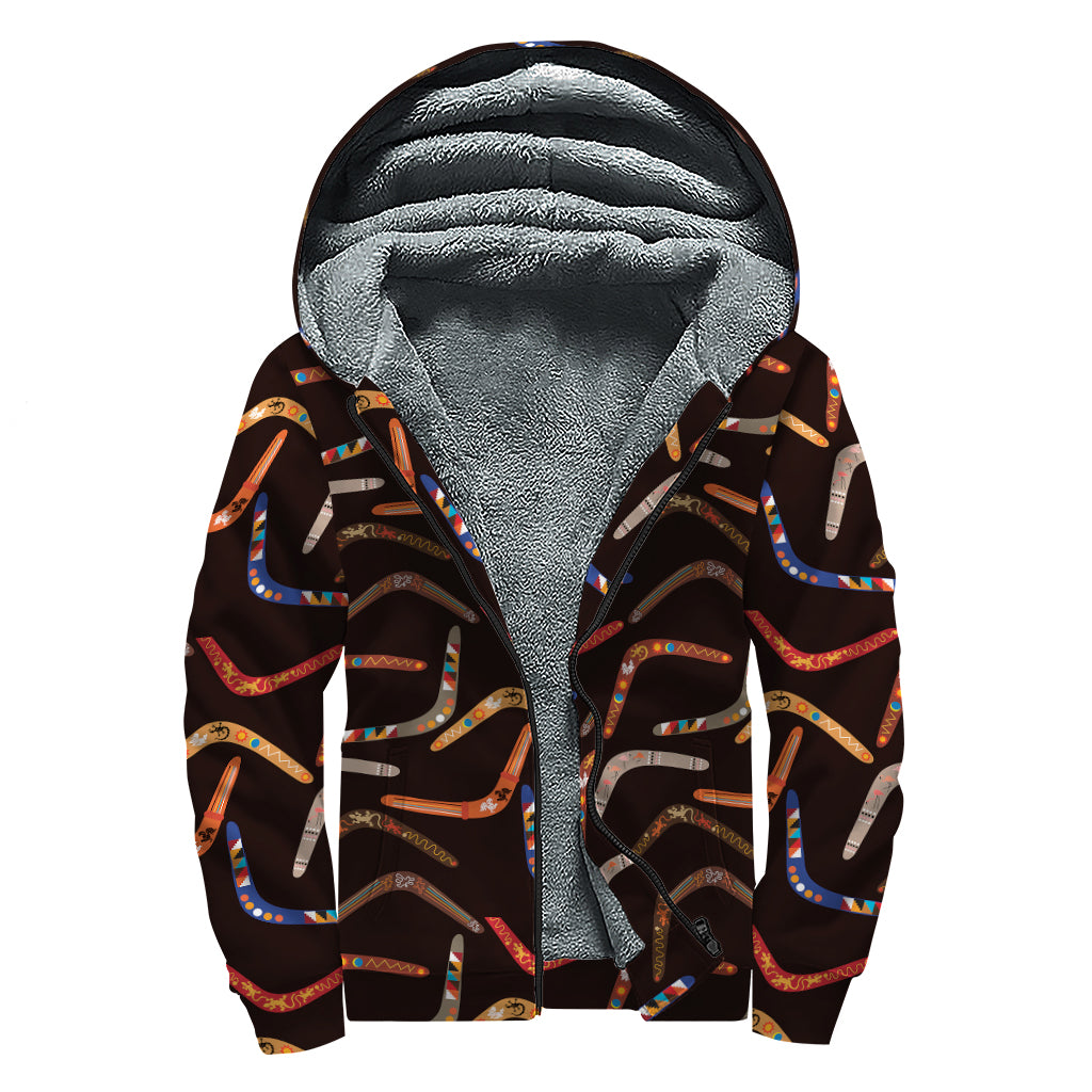 Australian Boomerang Pattern Print Sherpa Lined Zip Up Hoodie