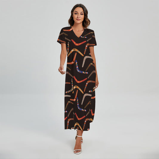 Australian Boomerang Pattern Print Short Sleeve Maxi Dress