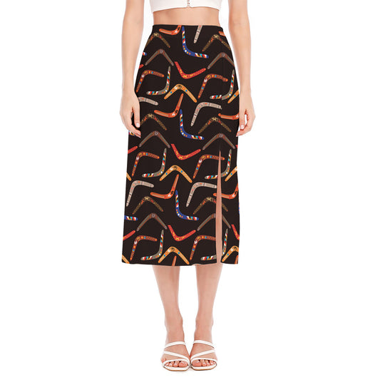 Australian Boomerang Pattern Print Side Slit Midi Skirt