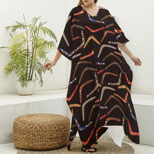 Australian Boomerang Pattern Print Silk V-Neck Kaftan Dress
