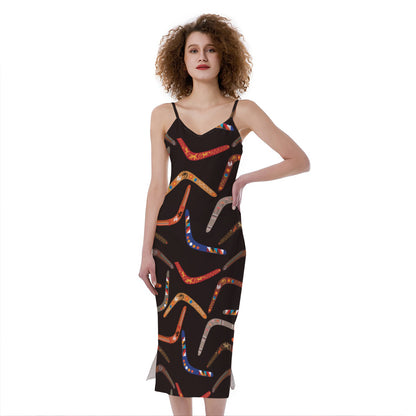 Australian Boomerang Pattern Print Slim Fit Midi Cami Dress