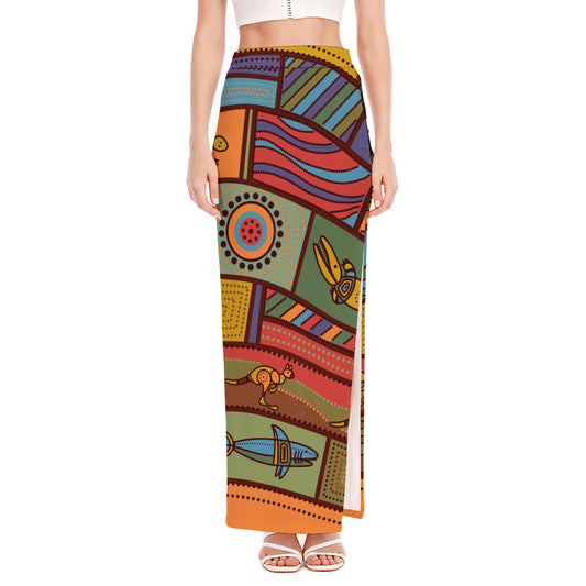 Australian Ethnic Pattern Print High Slit Maxi Skirt