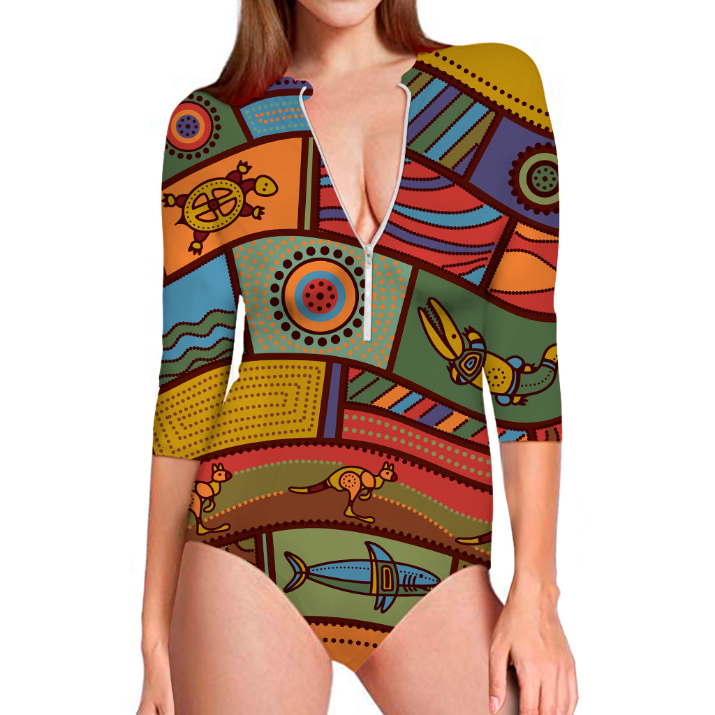 Australian Ethnic Pattern Print Long Sleeve Swimsuit