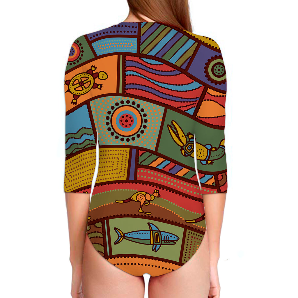 Australian Ethnic Pattern Print Long Sleeve Swimsuit