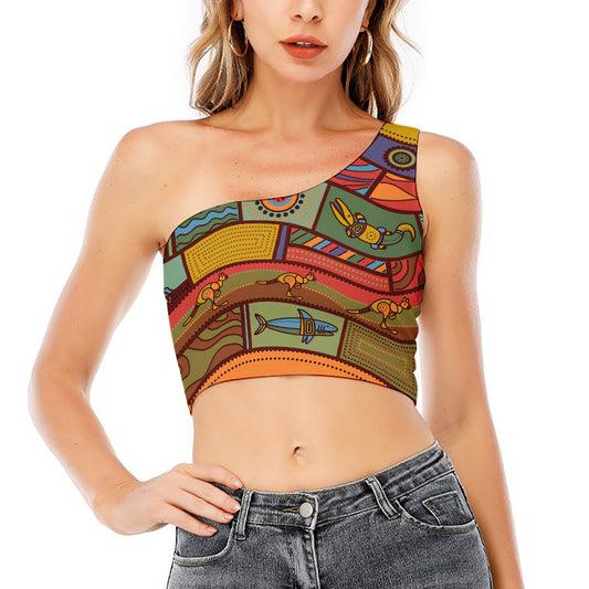Australian Ethnic Pattern Print One Shoulder Crop Top