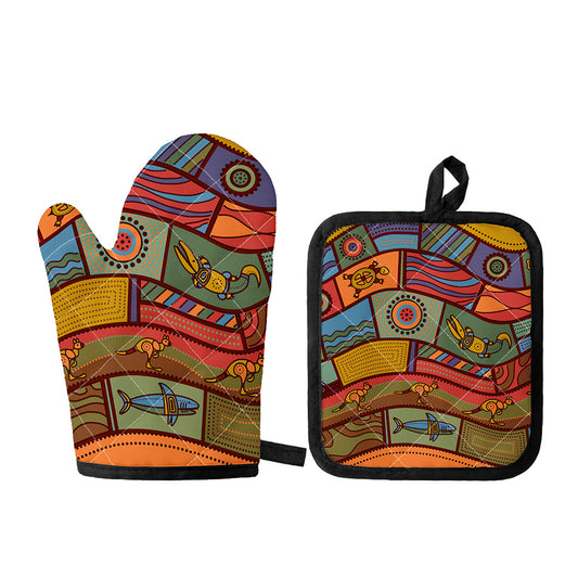 Australian Ethnic Pattern Print Oven Mitt And Pot Holder Set