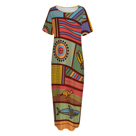 Australian Ethnic Pattern Print Short Sleeve Long Nightdress