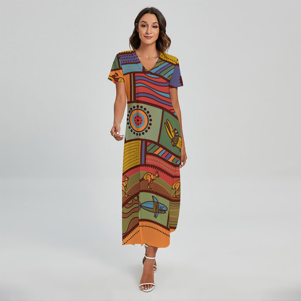 Australian Ethnic Pattern Print Short Sleeve Maxi Dress