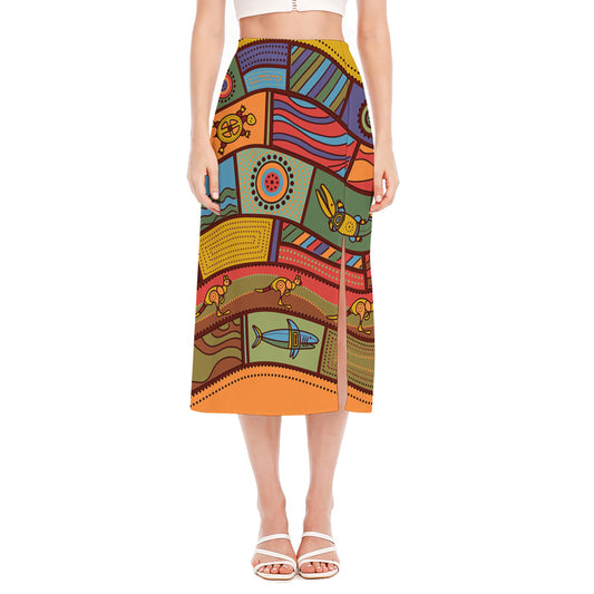 Australian Ethnic Pattern Print Side Slit Midi Skirt
