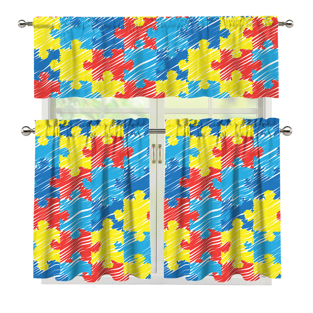 Autism Awareness Drawing Puzzle Print 3 Piece Kitchen Curtains