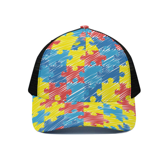 Autism Awareness Drawing Puzzle Print Black Mesh Trucker Cap