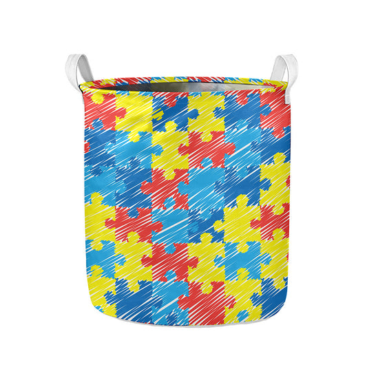 Autism Awareness Drawing Puzzle Print Collapsible Laundry Basket