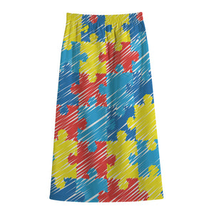 Autism Awareness Drawing Puzzle Print Cotton Front Slit Maxi Skirt