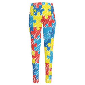 Autism Awareness Drawing Puzzle Print High-Waisted Pocket Leggings