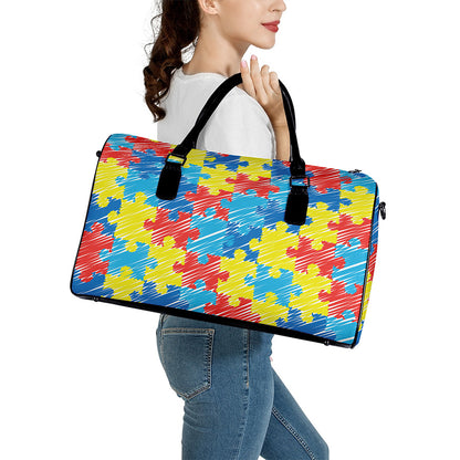 Autism Awareness Drawing Puzzle Print Leather Duffle Bag
