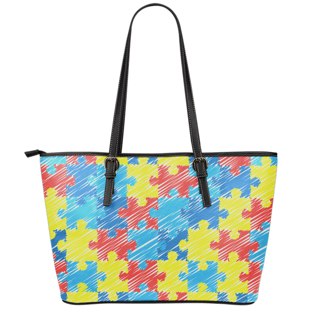 Autism Awareness Drawing Puzzle Print Leather Tote Bag