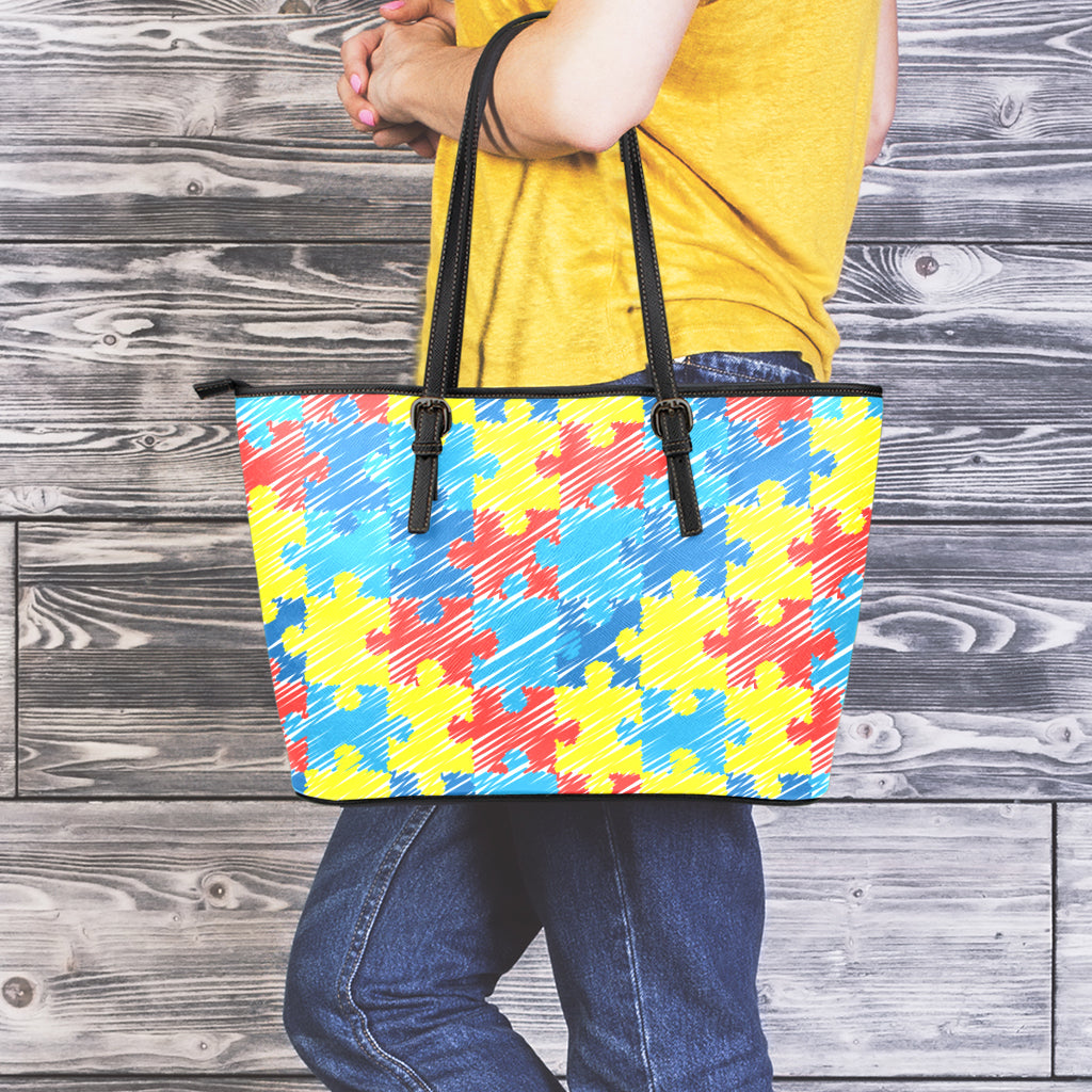 Autism Awareness Drawing Puzzle Print Leather Tote Bag