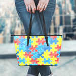 Autism Awareness Drawing Puzzle Print Leather Tote Bag