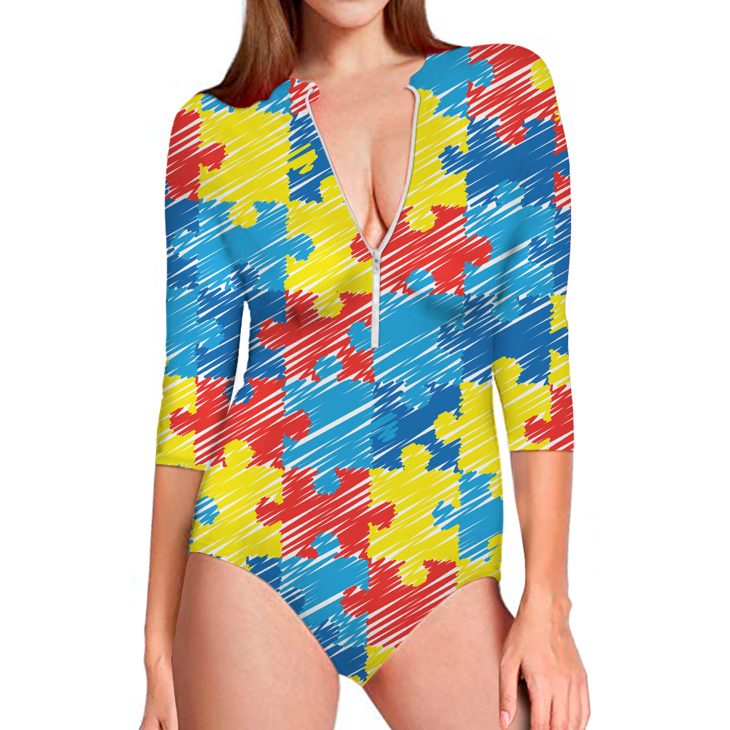 Autism Awareness Drawing Puzzle Print Long Sleeve Swimsuit