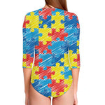 Autism Awareness Drawing Puzzle Print Long Sleeve Swimsuit