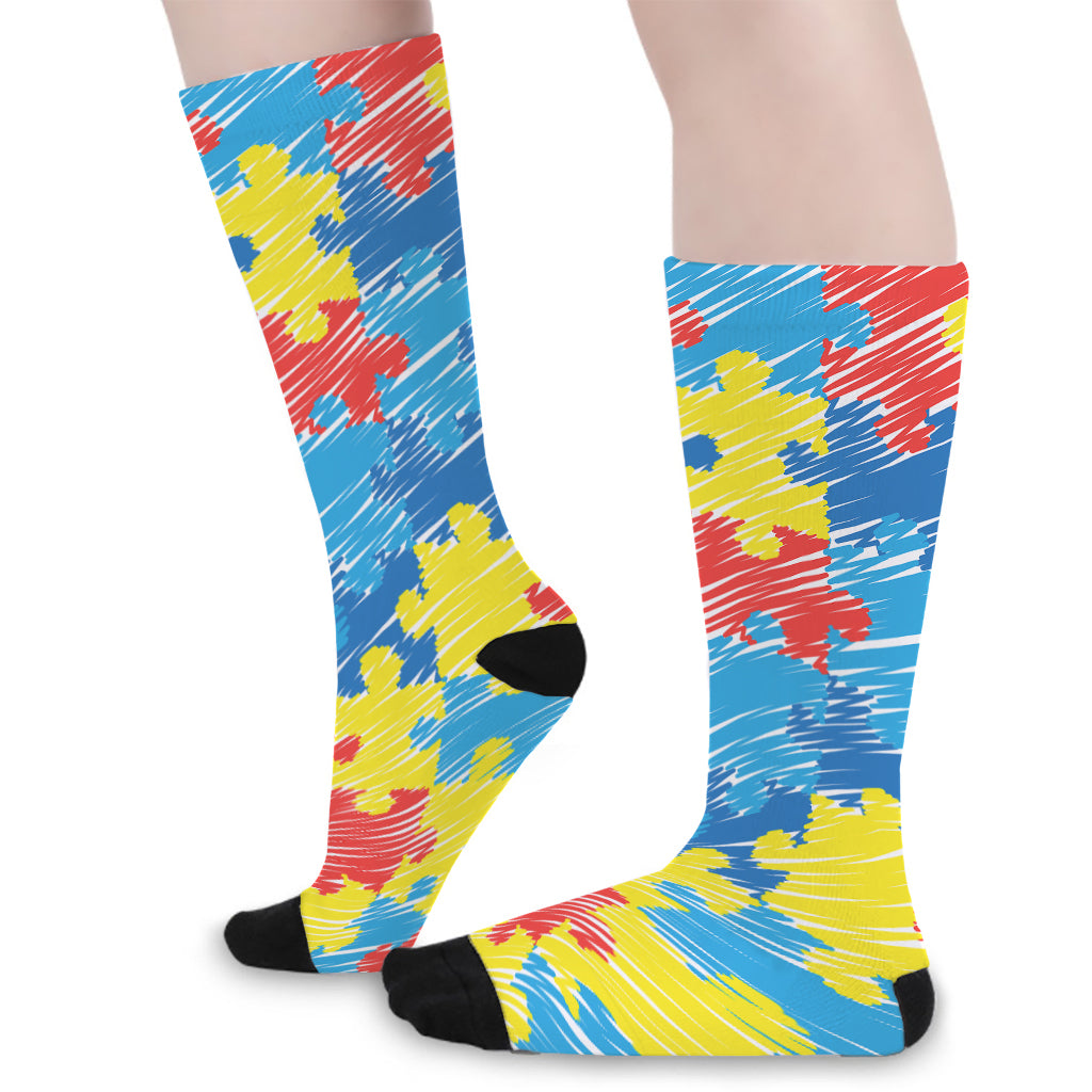 Autism Awareness Drawing Puzzle Print Long Socks