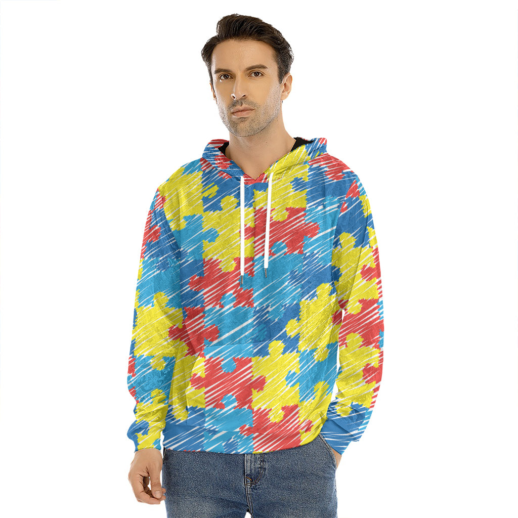 Autism Awareness Drawing Puzzle Print Men's Velvet Pullover Hoodie