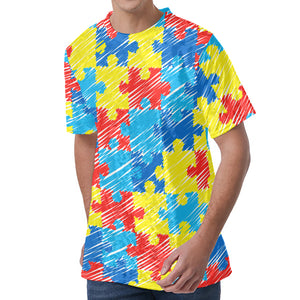 Autism Awareness Drawing Puzzle Print Men's Velvet T-Shirt