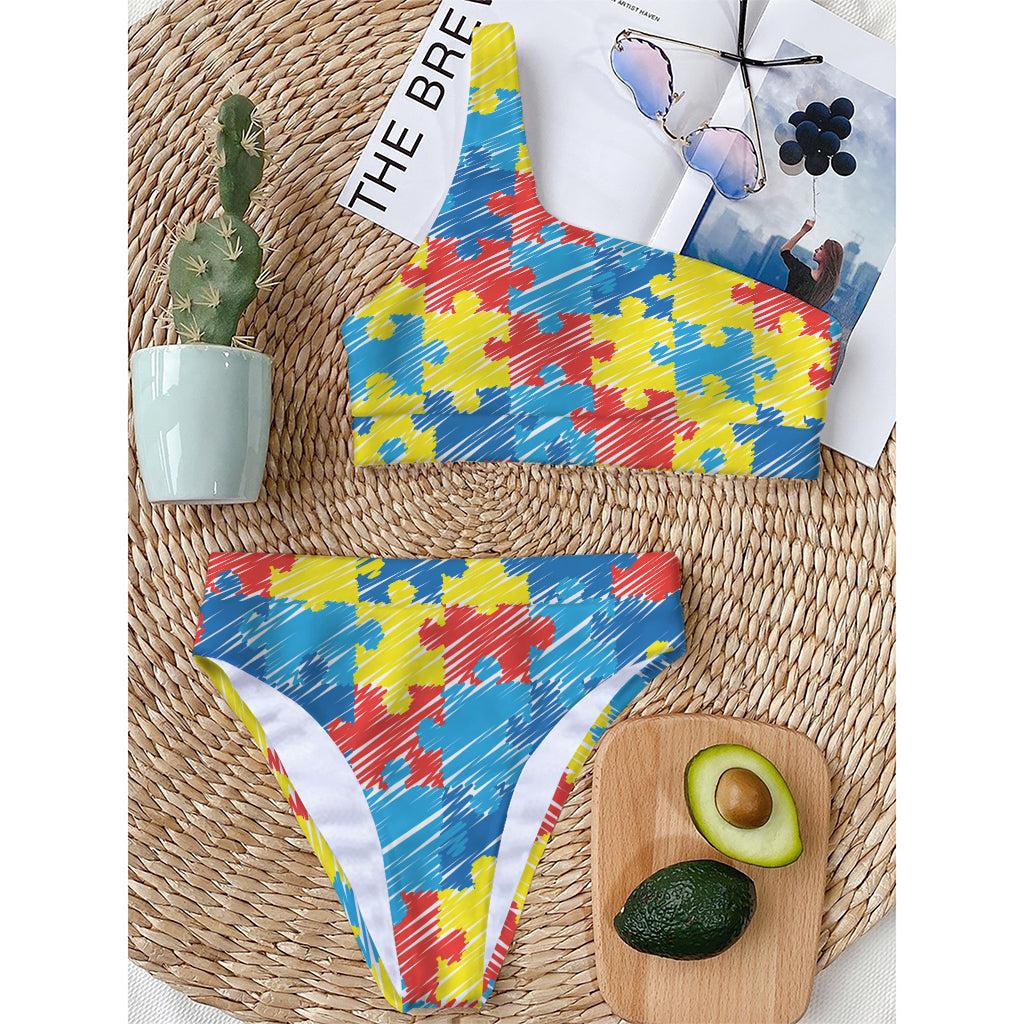 Autism Awareness Drawing Puzzle Print One Shoulder Bikini Top