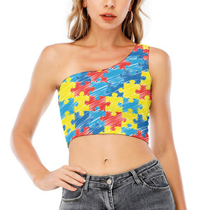 Autism Awareness Drawing Puzzle Print One Shoulder Crop Top