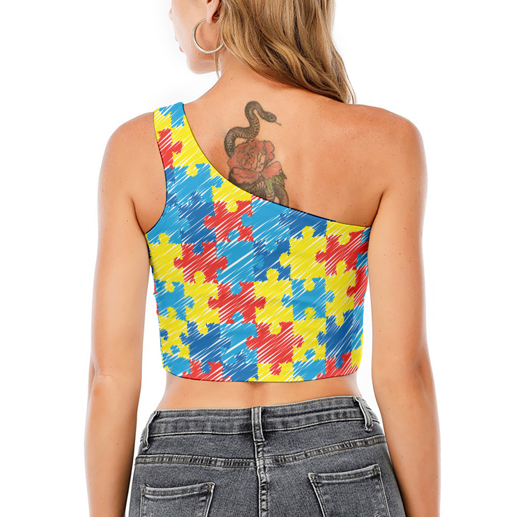 Autism Awareness Drawing Puzzle Print One Shoulder Crop Top