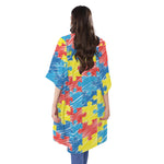 Autism Awareness Drawing Puzzle Print Open Front Beach Cover Up