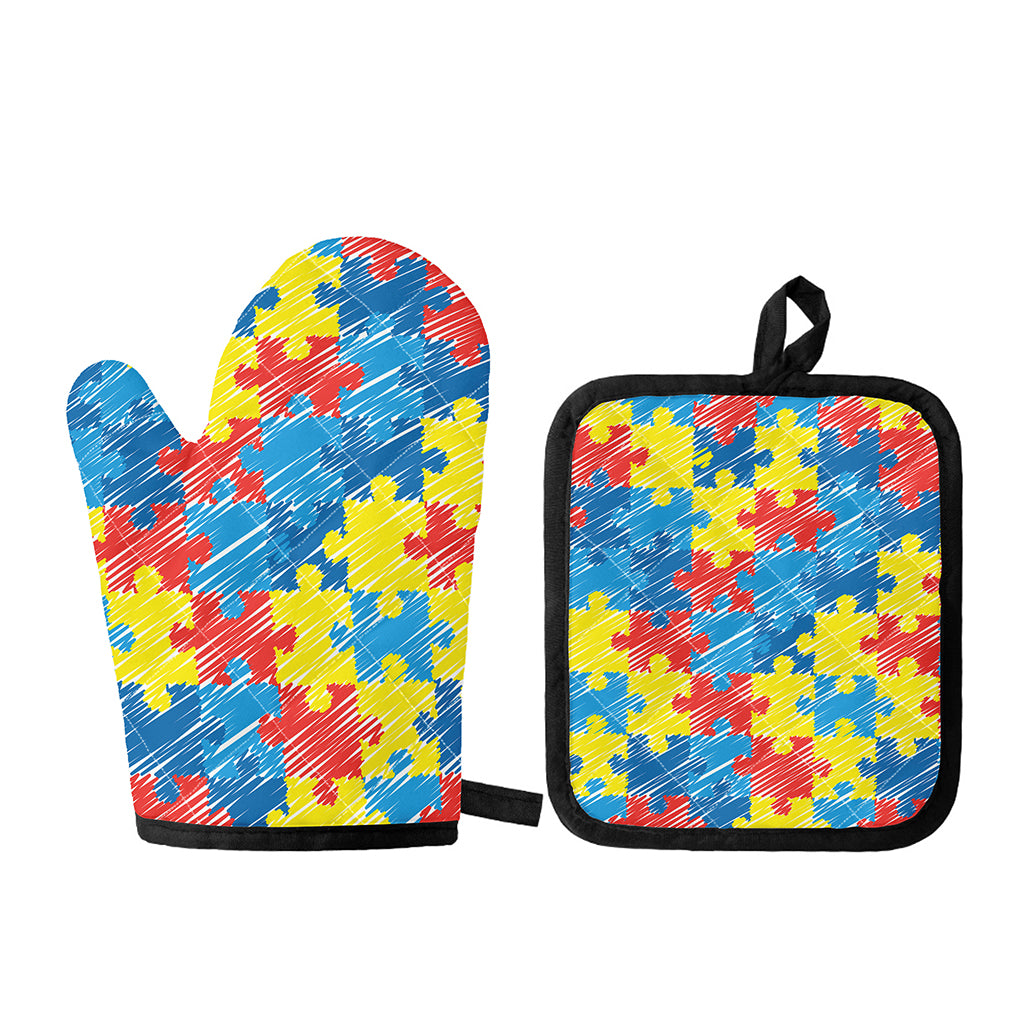 Autism Awareness Drawing Puzzle Print Oven Mitt And Pot Holder Set