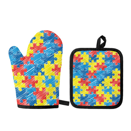 Autism Awareness Drawing Puzzle Print Oven Mitt And Pot Holder Set