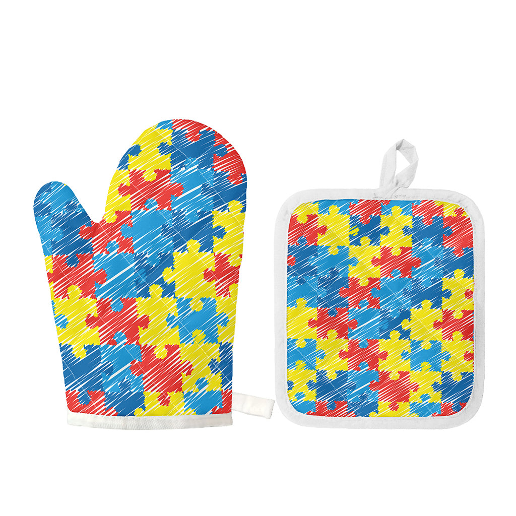 Autism Awareness Drawing Puzzle Print Oven Mitt And Pot Holder Set