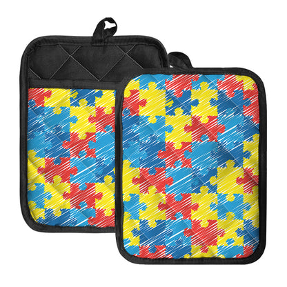 Autism Awareness Drawing Puzzle Print Pot Holders With Pocket
