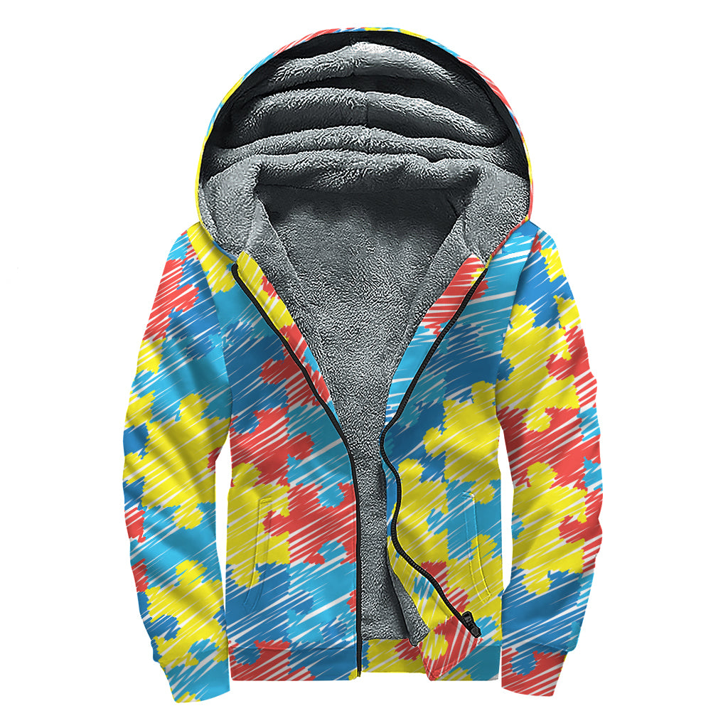 Autism Awareness Drawing Puzzle Print Sherpa Lined Zip Up Hoodie