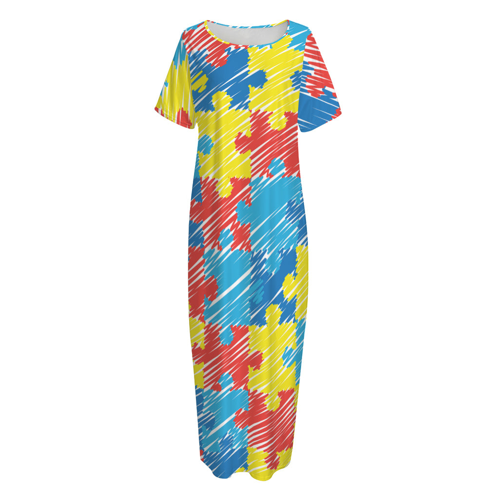 Autism Awareness Drawing Puzzle Print Short Sleeve Long Nightdress